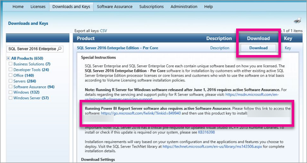 Screenshot of SQL Server Enterprise showing Downloads and Keys tab with Power B I Report integration information.