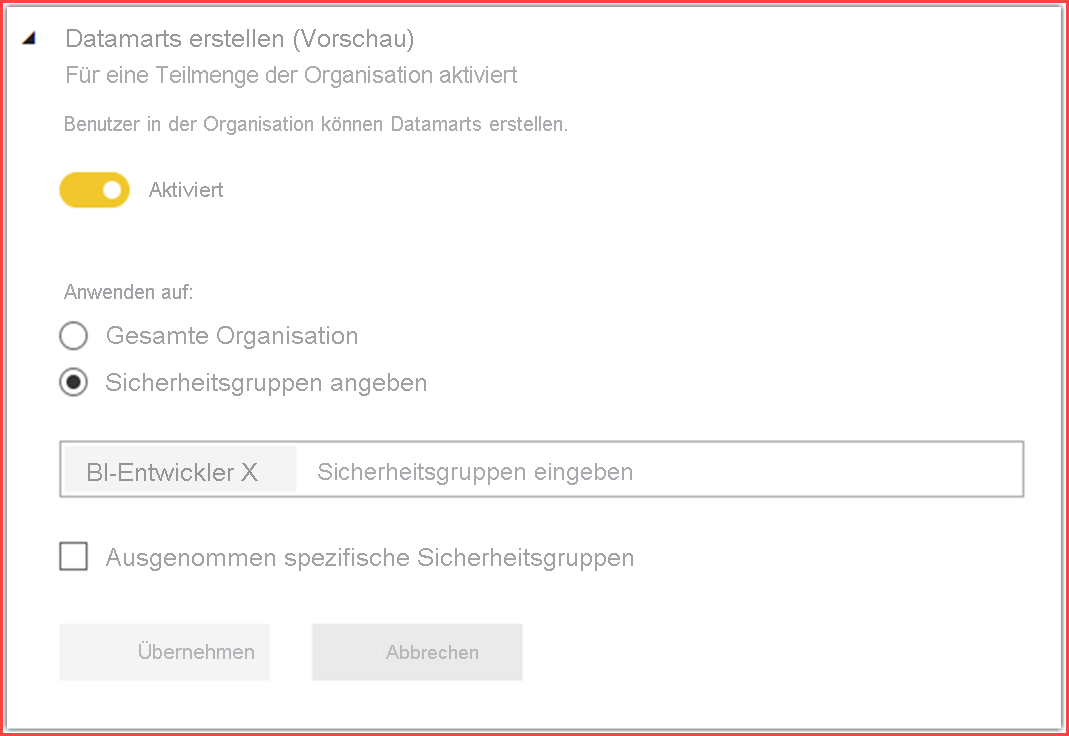 Screenshot of the admin portal to enable or disable datamarts.