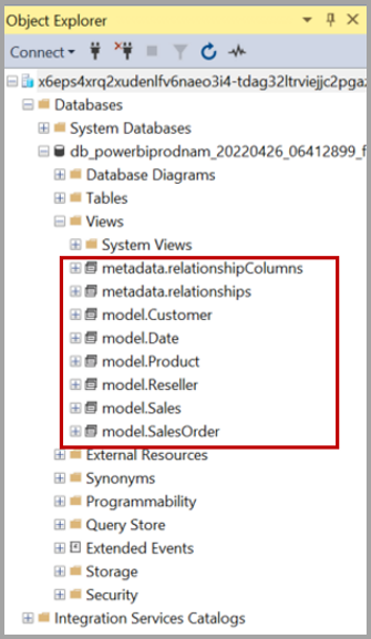 Screenshot of the object explorer showing datamart tables and views.