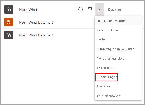 Screenshot des Kontextmenüs des Datamarts mit ausgewählten Einstellungen.