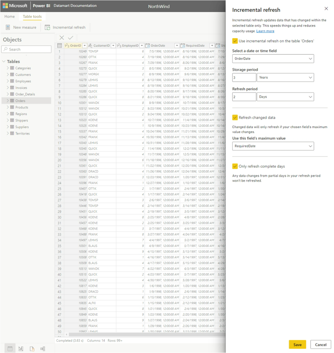 Screenshot der Konfiguration der inkrementellen Aktualisierung für eine Tabelle in einem Datamart.