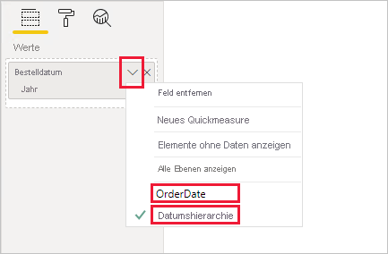 Screenshot showing example of a visual field configuration for the OrderDate hierarchy.