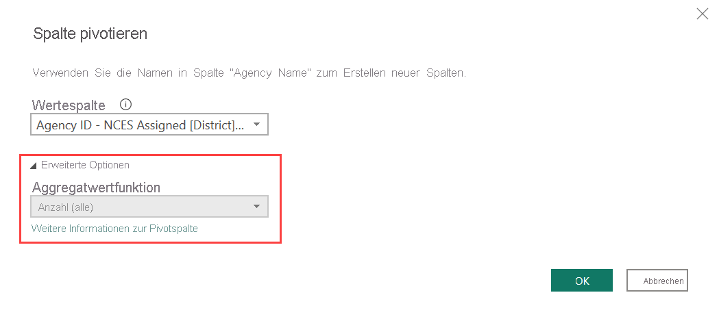 Screenshot of the Pivot Column dialog box highlighting Advanced options.