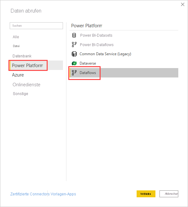 Screenshot of Dataflows selected in the Power Platform tab of the Get Data screen.