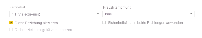 Screenshot of the lower portion of the Create relationship dialog box showing Cardinality and Cross filter direction options.