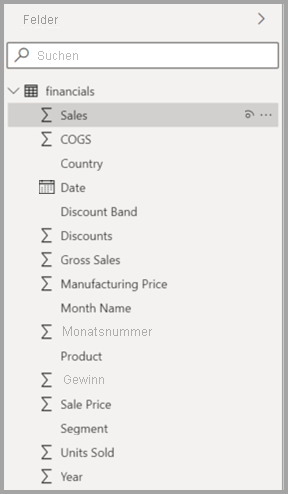 Screenshot of the new Model view Fields list in Power BI Desktop.