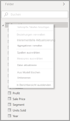 Screenshot of the original context menu for a table in Power BI Desktop.