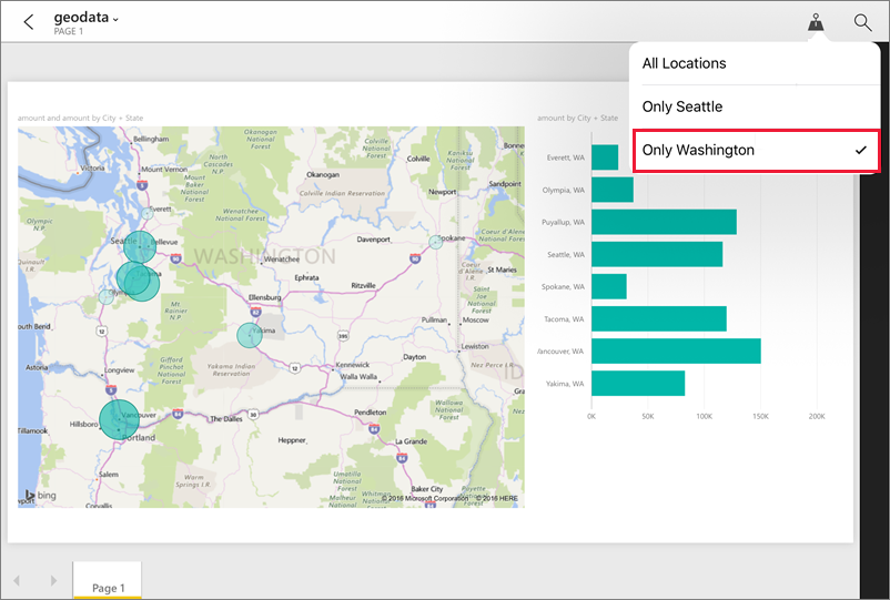 Screenshot eines Berichts in der Power BI-App, auf dem der geografische Filter hervorgehoben ist.