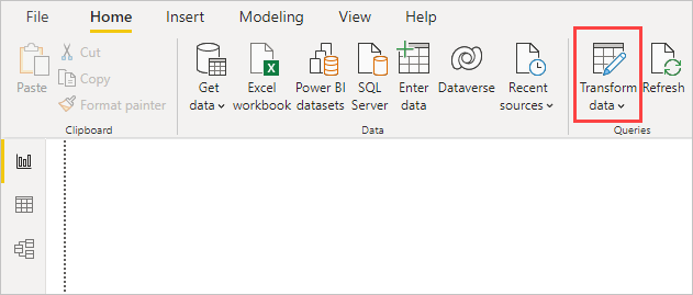 Screenshot of Power BI Desktop with the transform data icon highlighted.