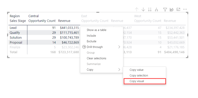 Screenshot of a matrix with several cells selected. Their shortcut menu is visible, and Copy visual is called out.