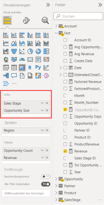 Screenshot of the Visualizations and Fields panes. The Rows section of Visualizations has Sale Stage and Opportunity Size fields and is called out.