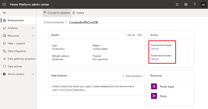 Screenshot der Auswahl einer Sicherheitsrolle im Power Platform Admin Center.