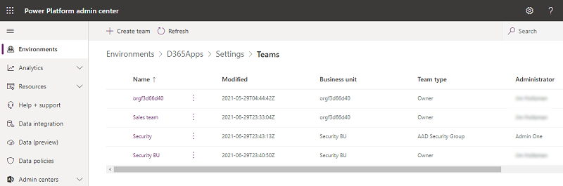 Screenshot einer Liste von Teams in einer Umgebung.