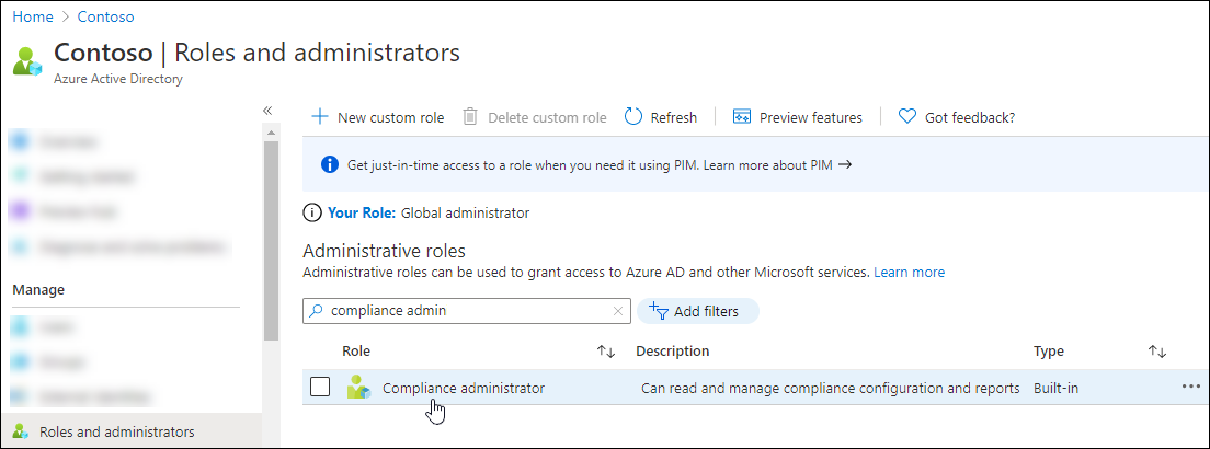 Suchen Sie eine unterstützte Security & Compliance-PowerShell-Rolle, und wählen Sie sie aus, indem Sie auf den Rollennamen klicken.