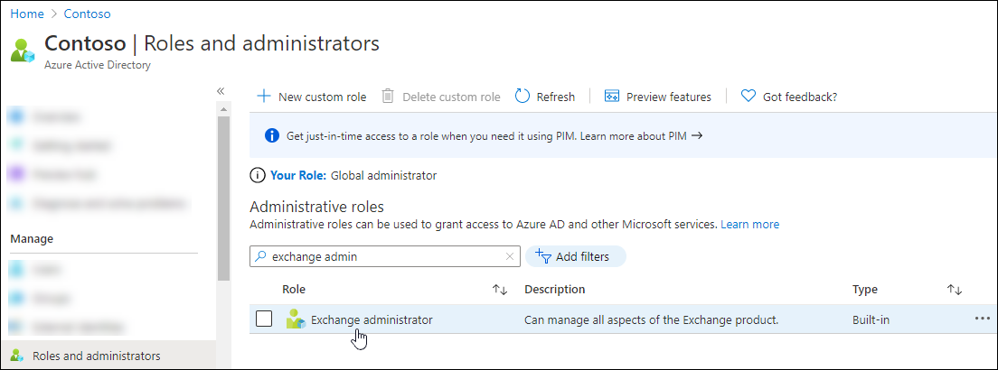 Suchen Sie eine unterstützte Exchange Online PowerShell-Rolle, und wählen Sie diese durch Klicken auf den Rollennamen aus.