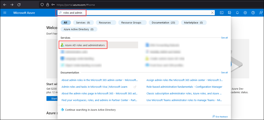 Screenshot: Microsoft Entra-Rollen und -Administratoren in den Suchergebnissen auf der Startseite des Azure-Portals