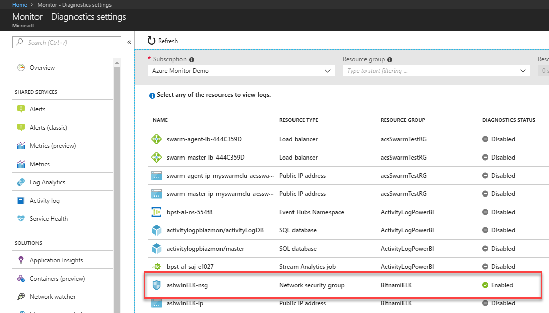 Bereich „Diagnoseeinstellungen“ in Azure Monitor