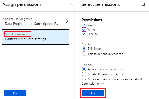 Screenshot: Blatt „Berechtigungen zuweisen“ mit hervorgehobener Option „Berechtigungen auswählen“ und Blatt „Berechtigungen auswählen“ mit hervorgehobener Option „OK“