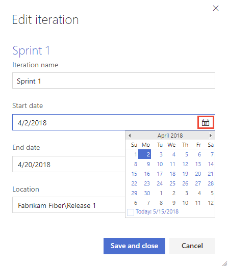 Screenshot of Work, Iterations page, and calendar icon for setting new dates in TFS 2017 through 2018.