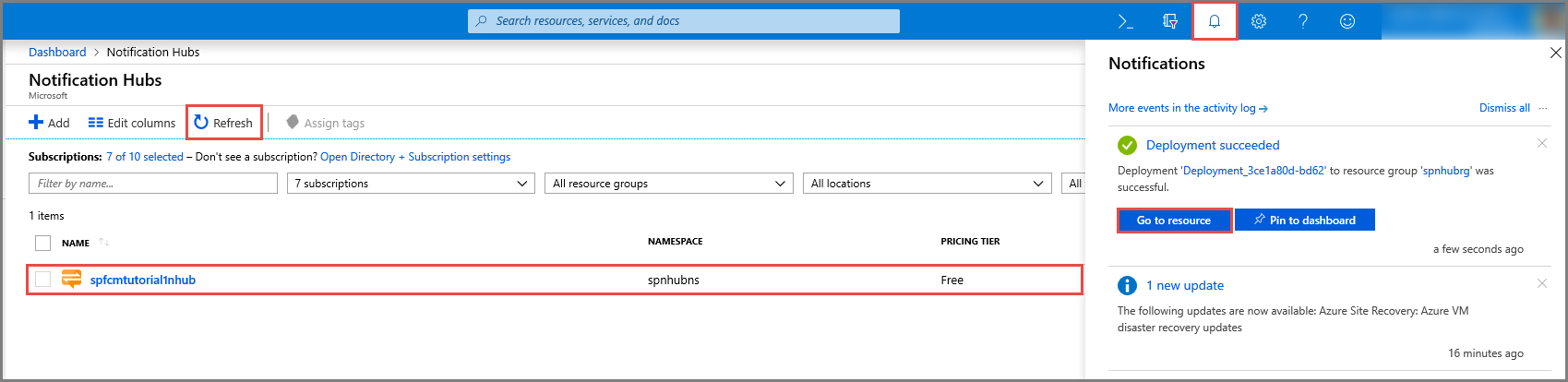 Azure-Portal – Benachrichtigungen –> Zur Ressource wechseln