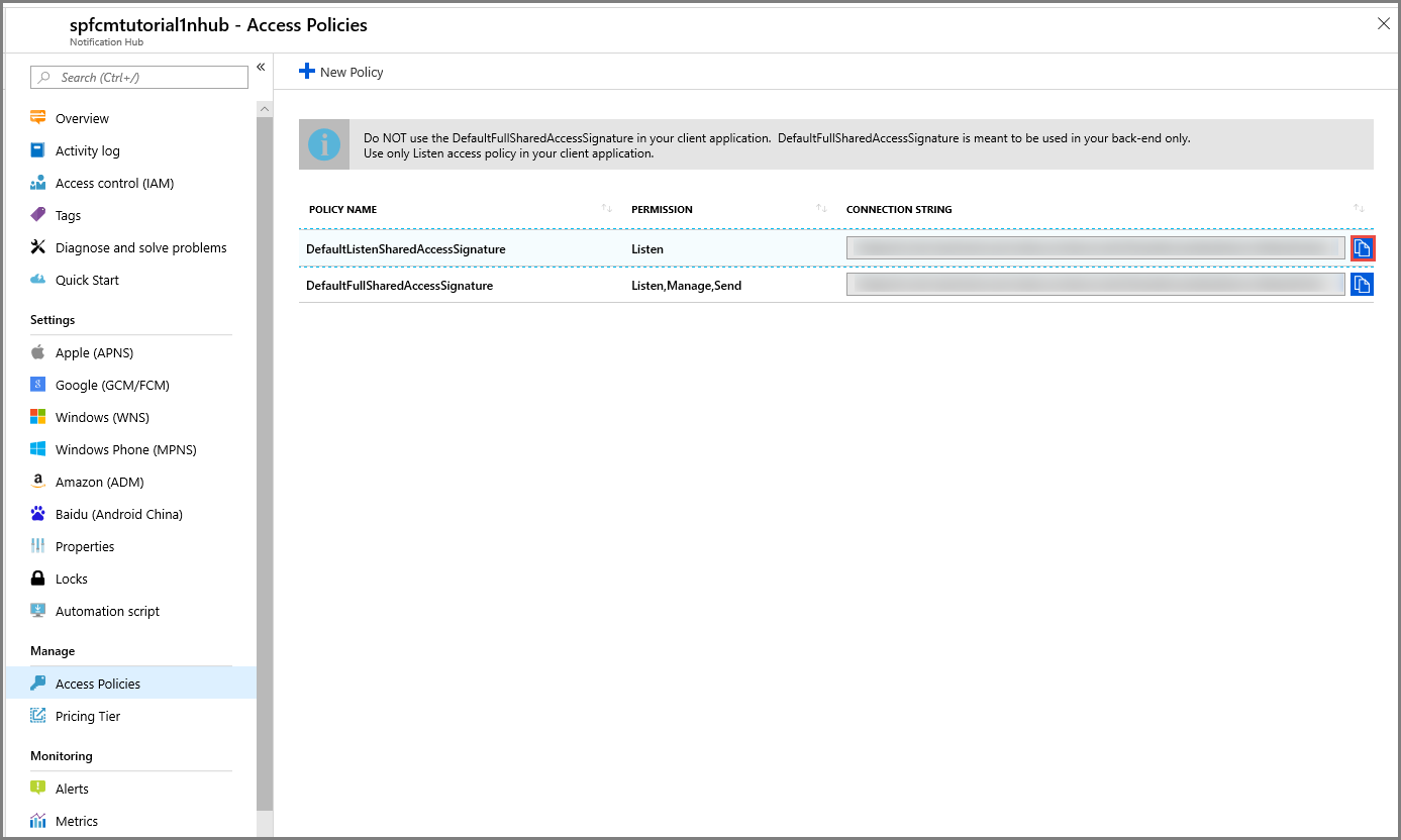 Azure-Portal – Verbindungszeichenfolgen für den Notification Hub