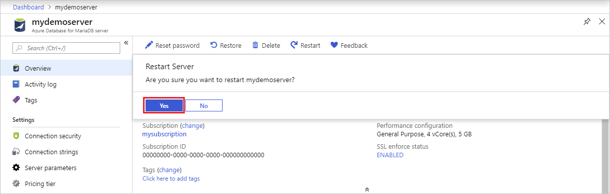 Azure Database for MariaDB - Restart confirm