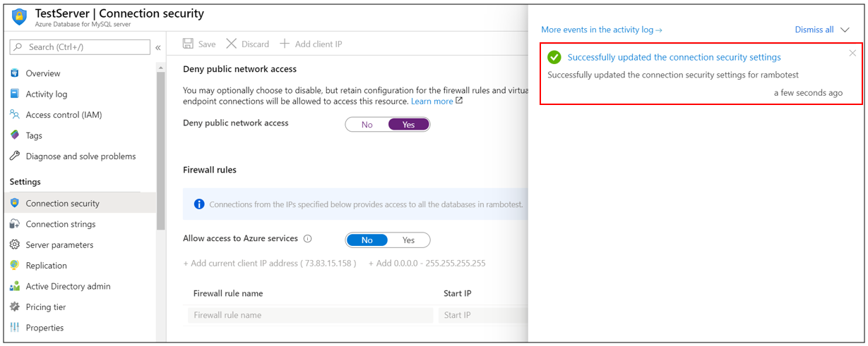 Azure Database for MySQL: Netzwerkzugriff – Erfolg