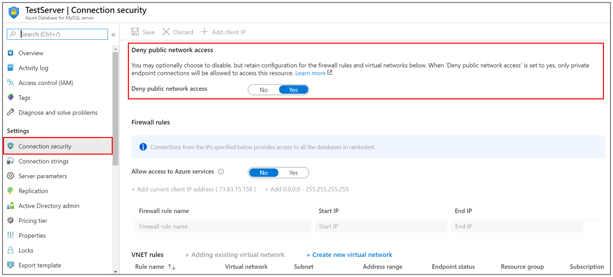 Azure Database for MySQL: Netzwerkzugriff verweigern