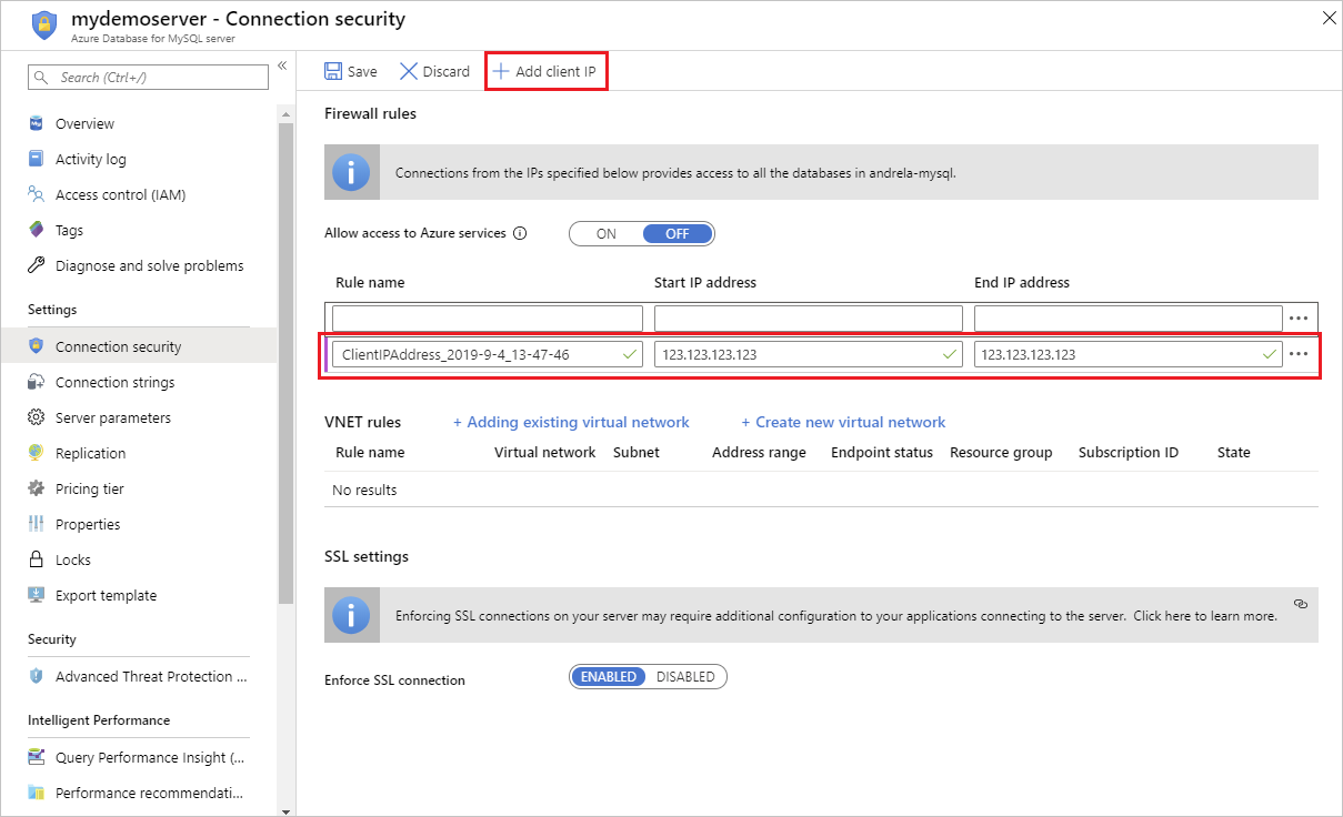 Azure-Portal – Klicken auf „Meine IP-Adresse hinzufügen“