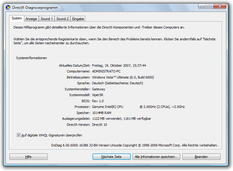 Bildschirmabbildung: DirectX-Diagnosetool