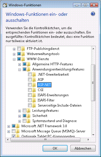 Standardeinstellungen für IIS 7.0-Funktionen