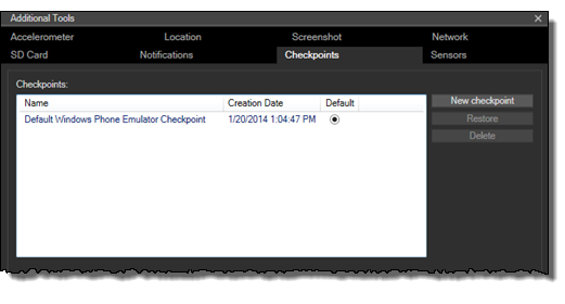 Registerkarte Prüfpunkt auf Windows Phone-Emulator