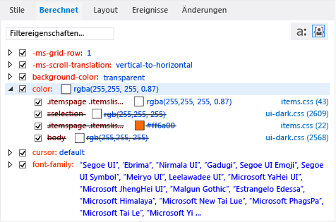 Registerkarte "Formatvorlagen verfolgen" im DOM Explorer