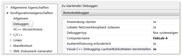 C++-Projekteigenschaften für Remotedebugging