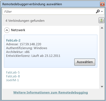 Remotedebuggerverbindung auswählen