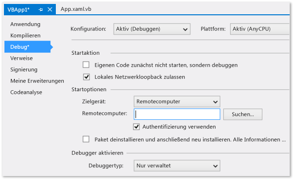 Eigenschaftenseite zum Debuggen des C#/VB-Projekts