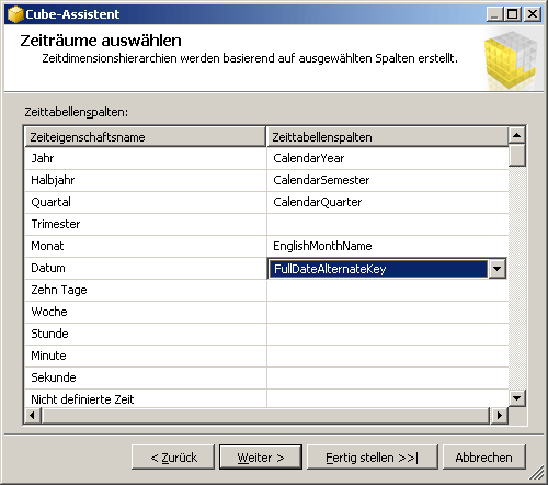 Cube-Assistent: Zeiträume auswählen