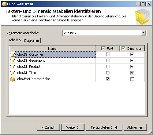 Cube-Assistent: Fakten- und Dimensionstabellen identifizieren