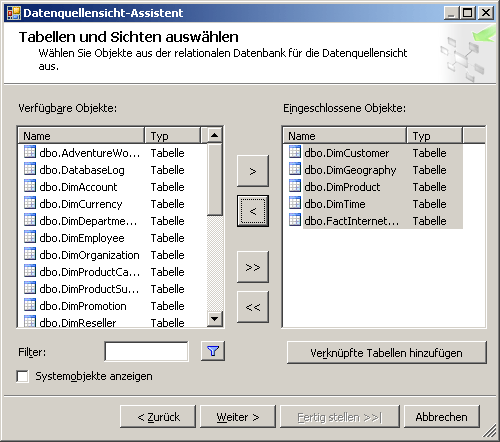 Tabellen und Sichten auswählen (Assistentenseite)