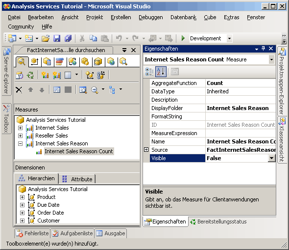 Eigenschaften für das Internet Sales Reason Count-Measure