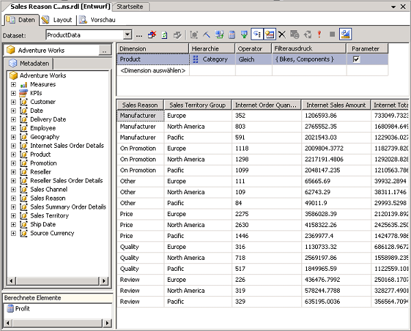 Screenshot des MDX-Abfrage-Designers