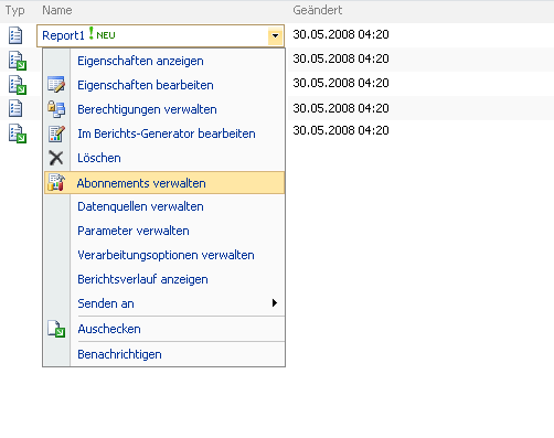 Menübefehle für Berichtsserverelemente