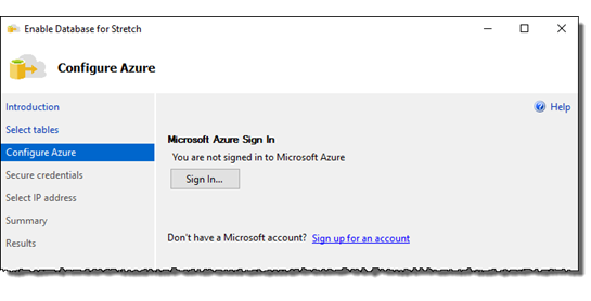 Screenshot der Seite zum Anmelden beim Azure Stretch Database-Assistenten.