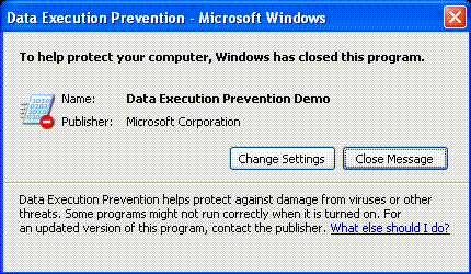 Figure 4   Dialog box that appears if an application has attempted to execute and has encountered a problem with DEP