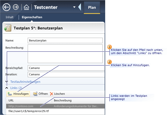 Externe Links für Testplan hinzufügen