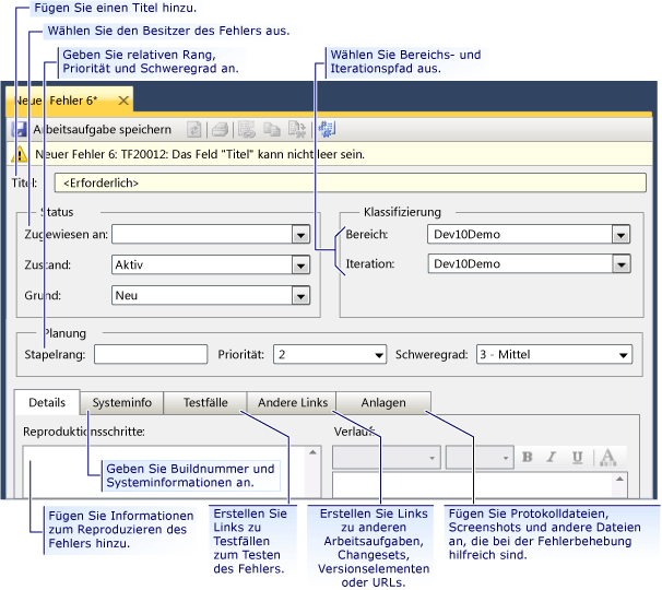 Arbeitsaufgabenformular für Fehler