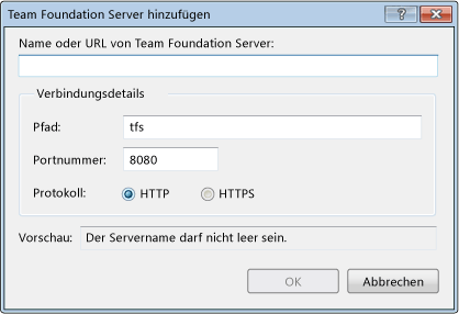 Dialogfeld "Team Foundation Server hinzufügen" für TFS 2010