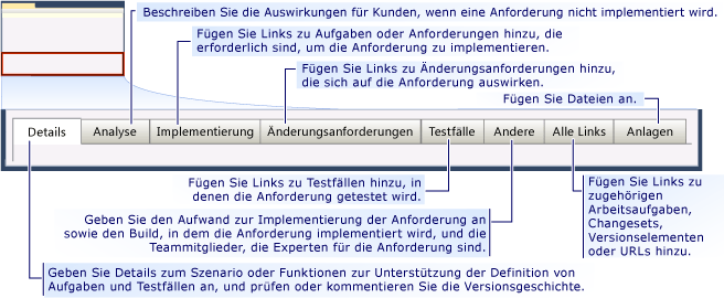 Arbeitsaufgabenformular für CMMI-Anforderung - Registerkarten