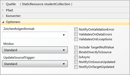 Optionsbereich im Datenbindungs-Generator