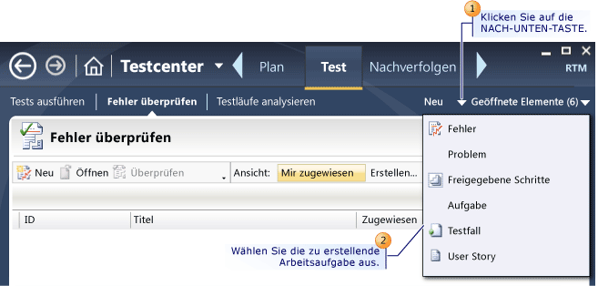 Erstellen einer Arbeitsaufgabe mit Microsoft Test Manager